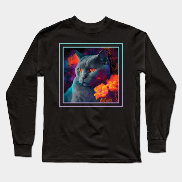 Fluffy Chartreux Cat Vibrant Tropical Flower Digital Oil Painting Portrait Long Sleeve T-Shirt by ArtHouseFlunky